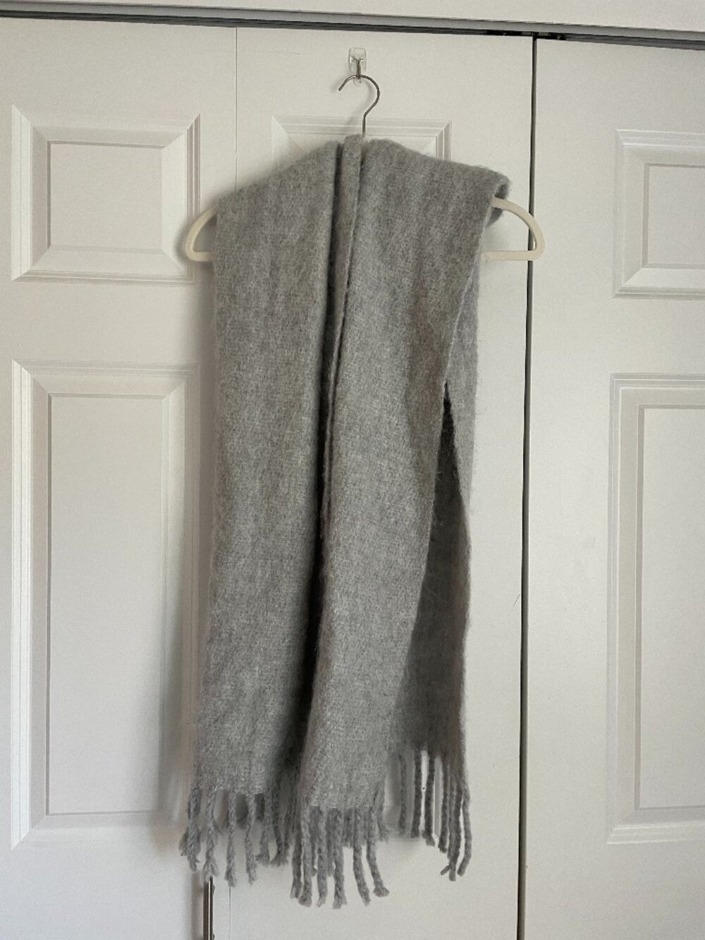 Grey oversized brushed blanket scarf with twisted fringe tassels
